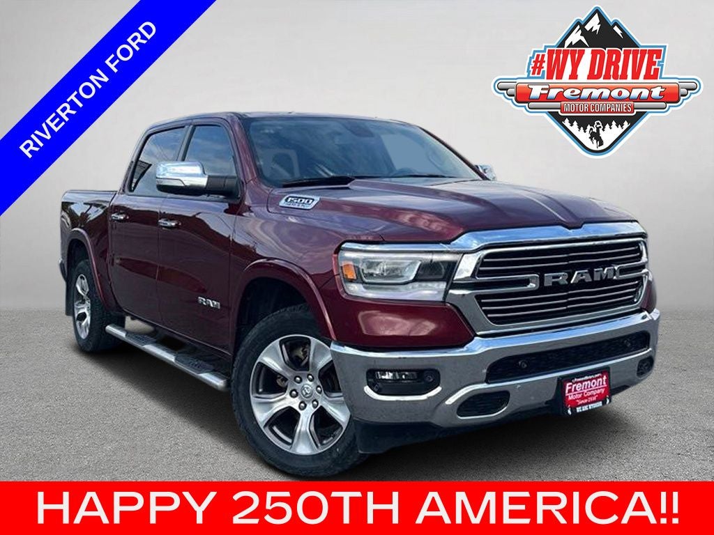 2020 RAM 1500 Laramie in Delmonico Red Pearlcoat — front three-quarter view
