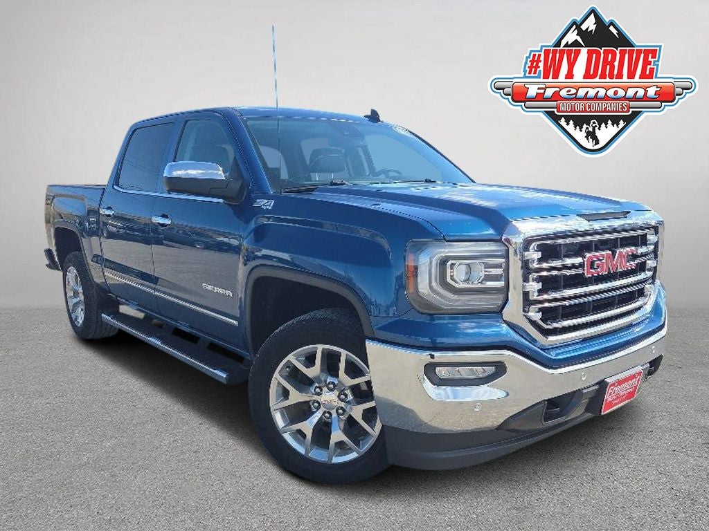 2018 GMC Sierra 1500 SLT in Stone Blue Metallic — front three-quarter view